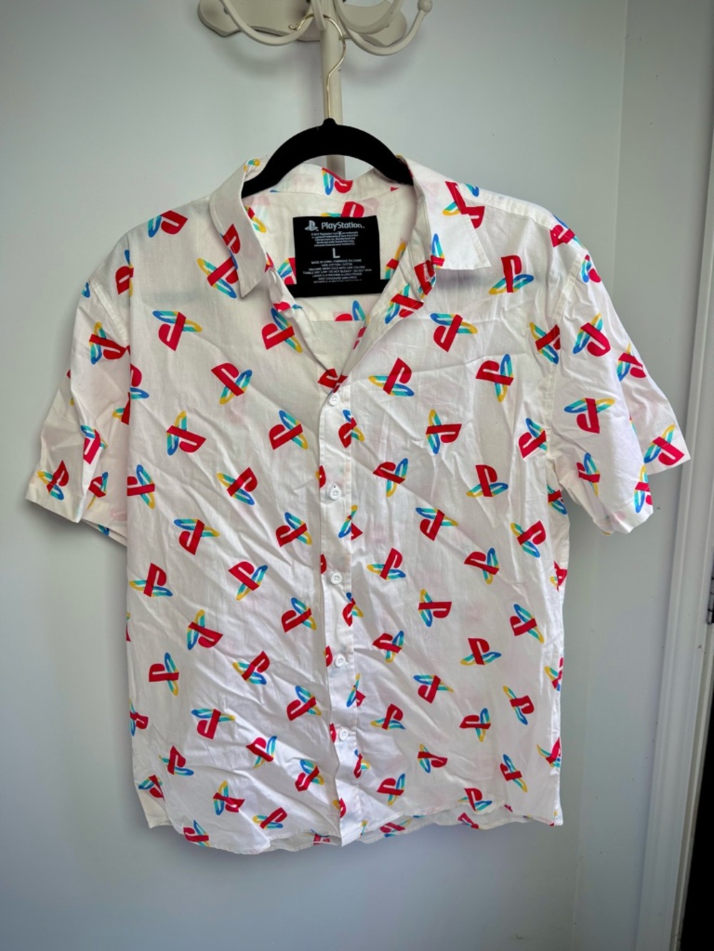 Sony White Short-Sleeve Button-Down Shirt with Multicolor PlayStation Logos